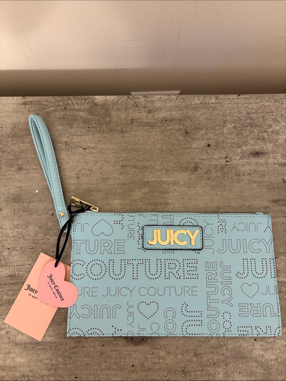NWT Juicy Couture Medium Size Icicle Blue Logo Wristlet